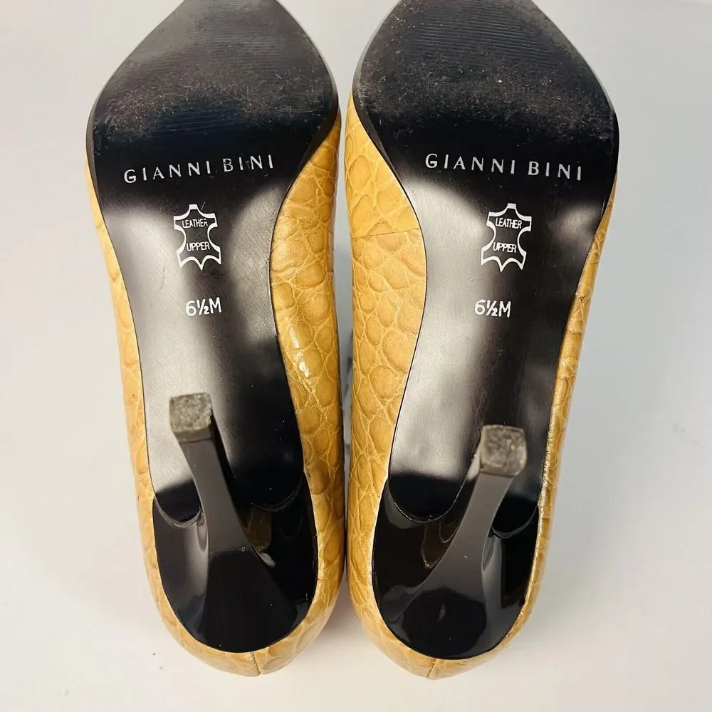 GIANNI BINI Tan Camel Yellow Crocodile Croc Alligator Leather Kitten Heels 6.5 M